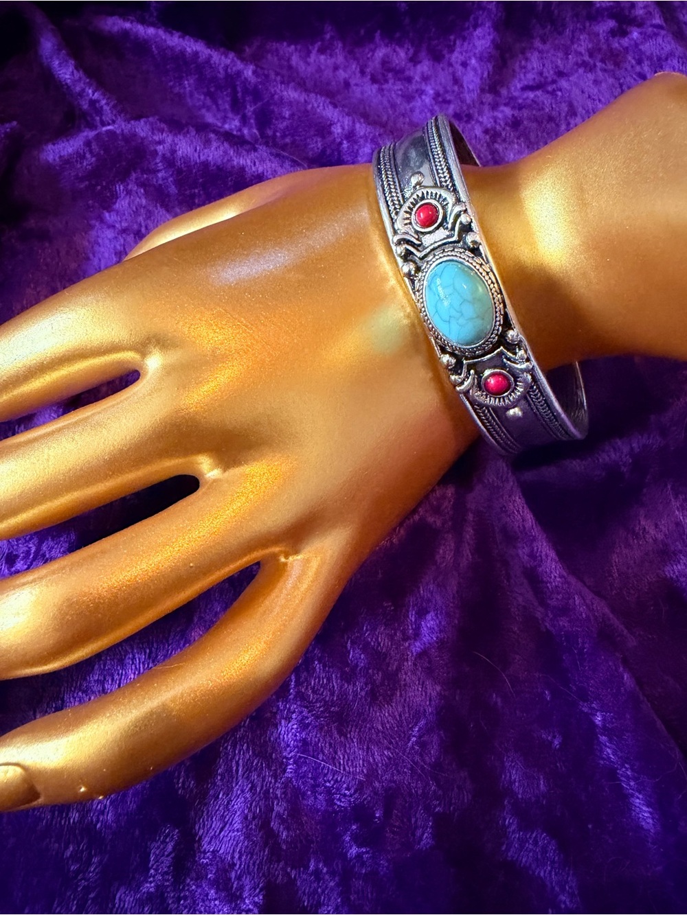 Silver Cuff Bracelet with Turquoise and Red Accents